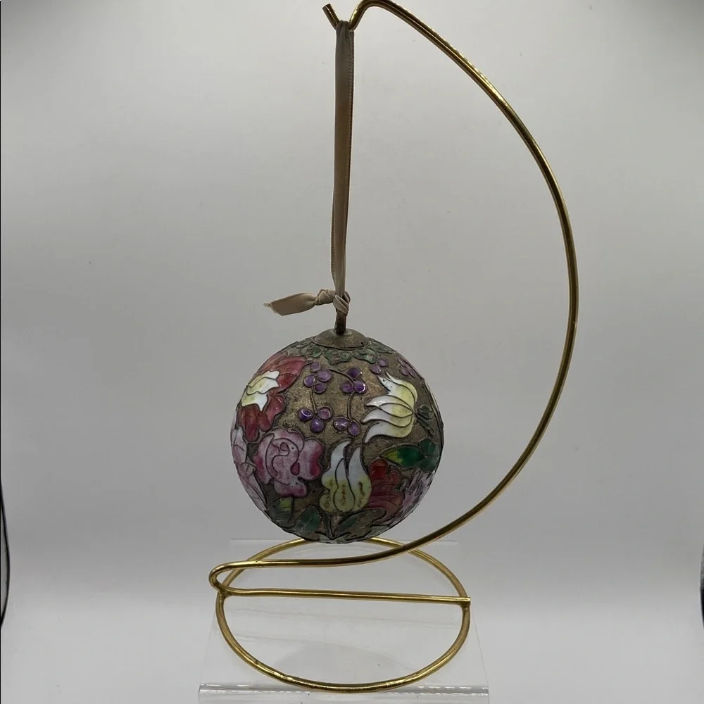 Vintage Enamel Cloisonné Egg Ornament With Ribbon Tie  And Stand